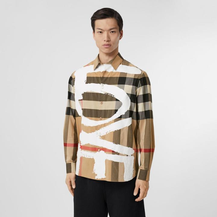 Burberry Burberry Love Print Check Stretch Cotton Oversized Shirt, Size: Xxl, Beige