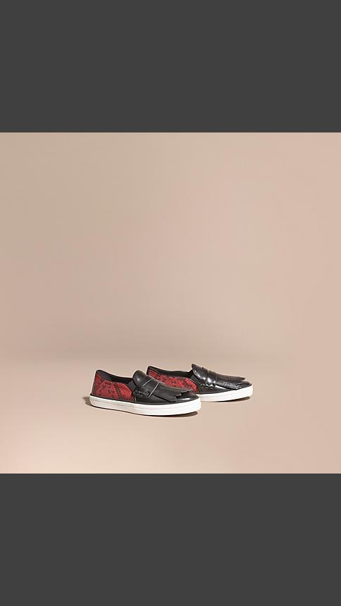 Burberry Python Print Cotton And Leather Trainers
