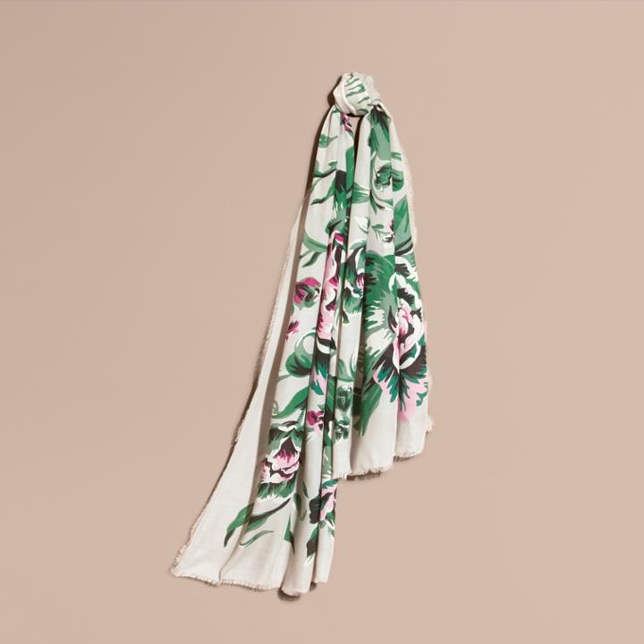 Burberry Burberry Peony Rose Print Modal And Cashmere Scarf, Green