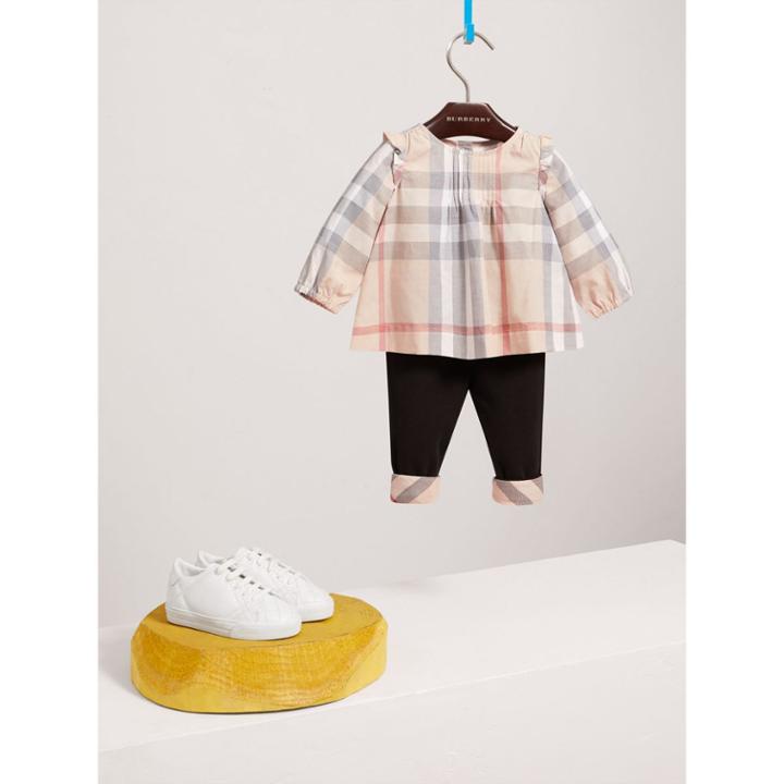 Burberry Burberry Ruffle And Pintuck Detail Check Cotton Top, Size: 9m, Pink