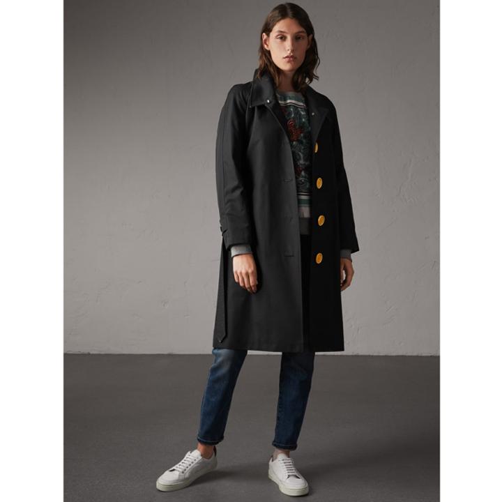 Burberry Burberry Resin Button Cotton Gabardine Trench Coat, Size: 00, Black