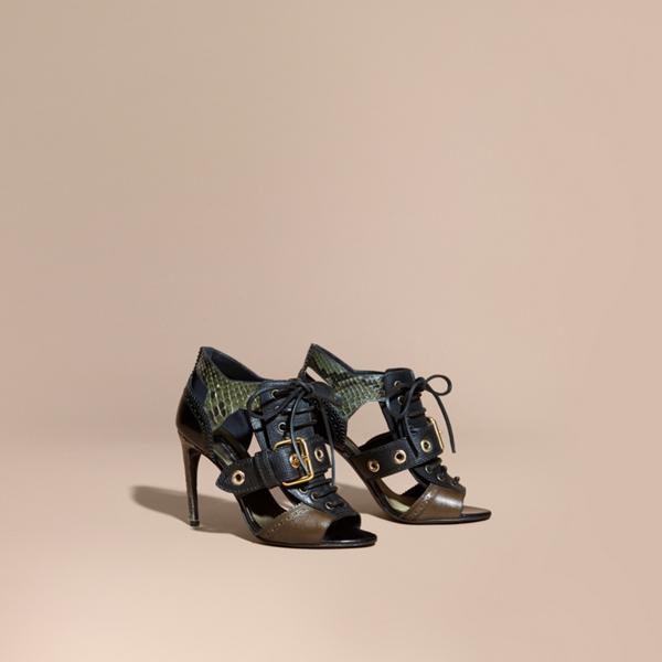 Burberry Buckle Detail Leather And Snakeskin Cut-out Ankle Boots
