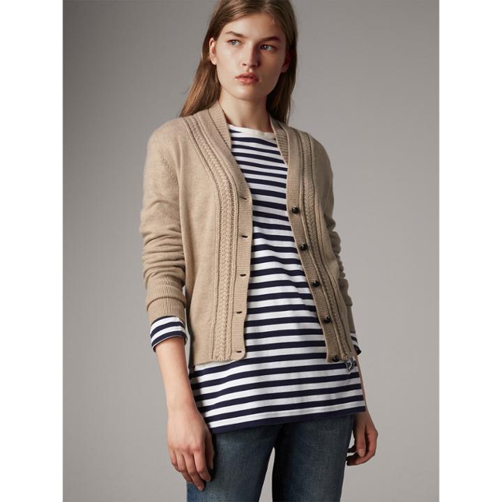 Burberry Burberry Cable Knit Detail Cashmere Cardigan, Beige
