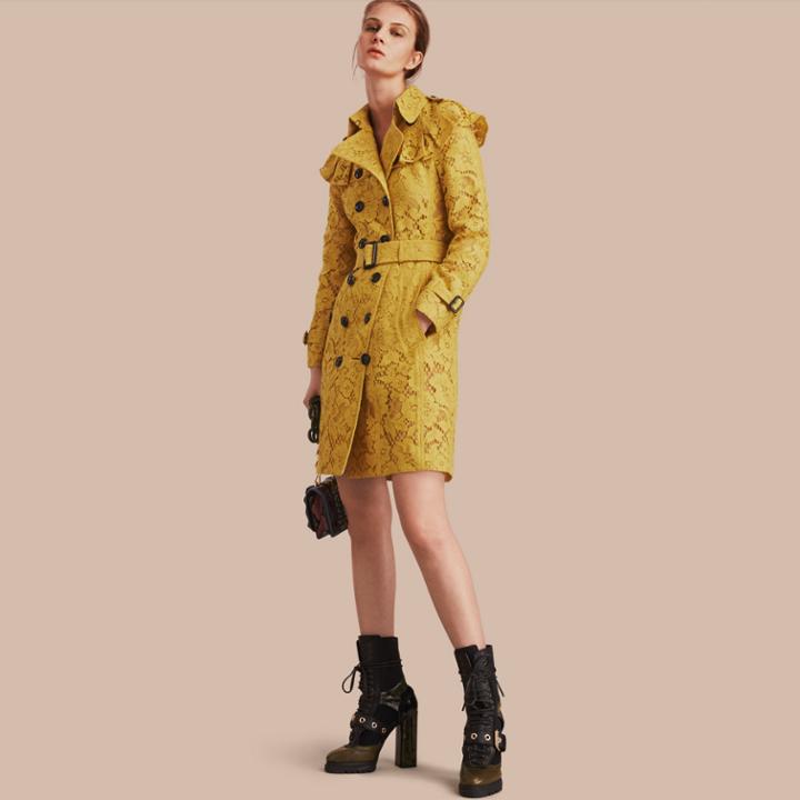 Burberry Burberry Ruffle Detail Macram Lace Trench Coat, Size: 06, Yellow