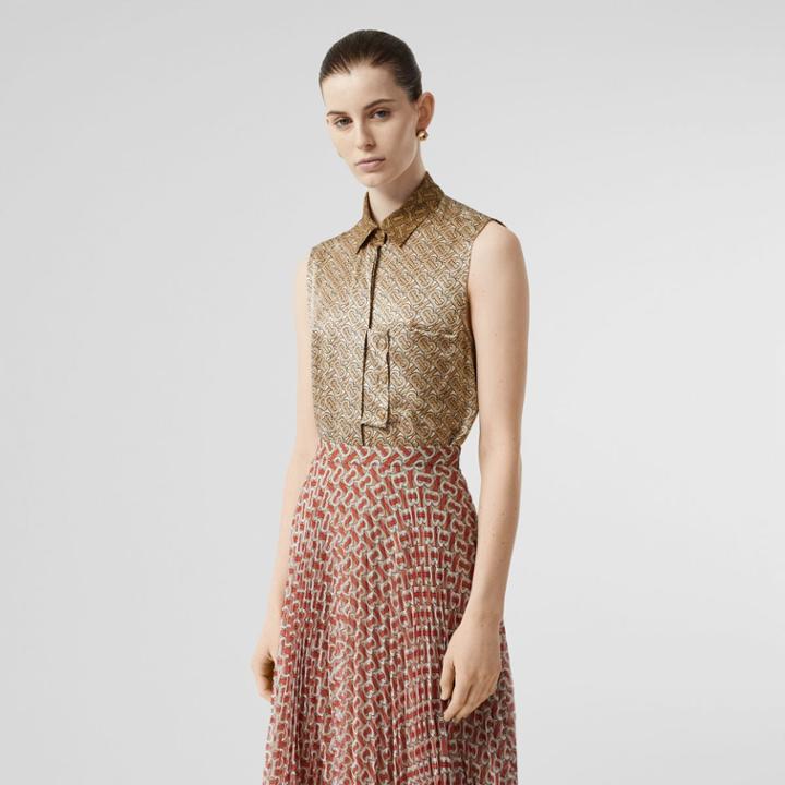 Burberry Burberry Sleeveless Two-tone Monogram Print Silk Satin Shirt, Size: 02, Beige