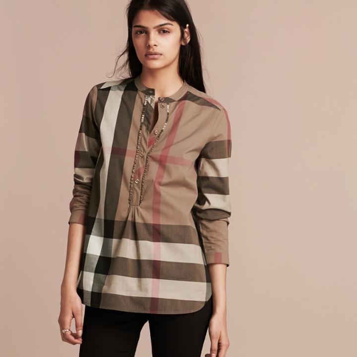 Burberry Burberry Check Grandad Collar Shirt, Size: 06, Beige