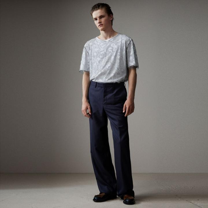 Burberry Burberry English Pinstripe Wool Wide-leg Trousers, Size: 40, Blue