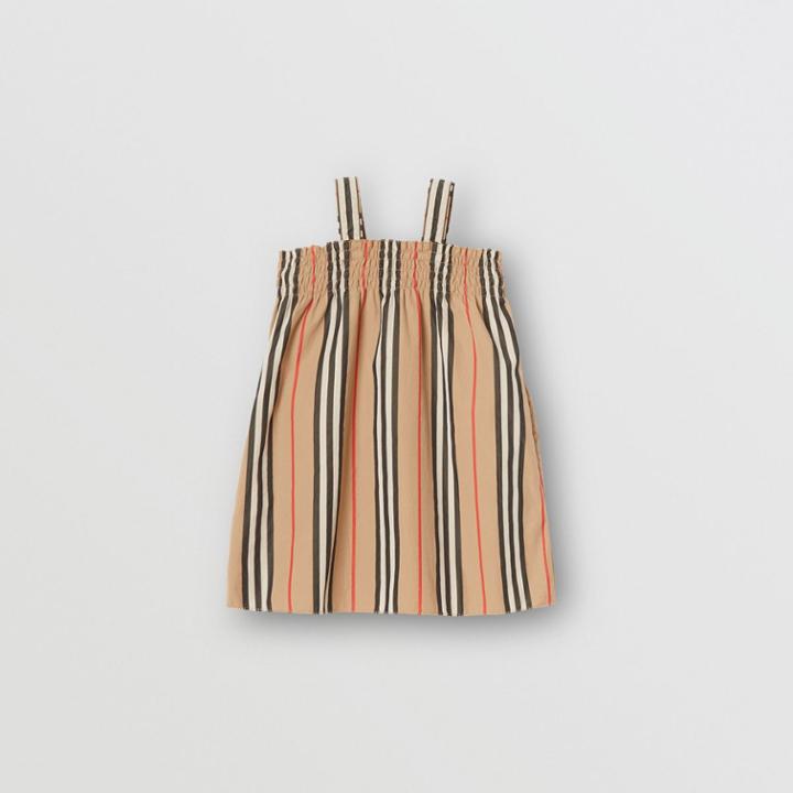 Burberry Burberry Childrens Smocked Icon Stripe Cotton Dress, Size: 18m, Archive Beige