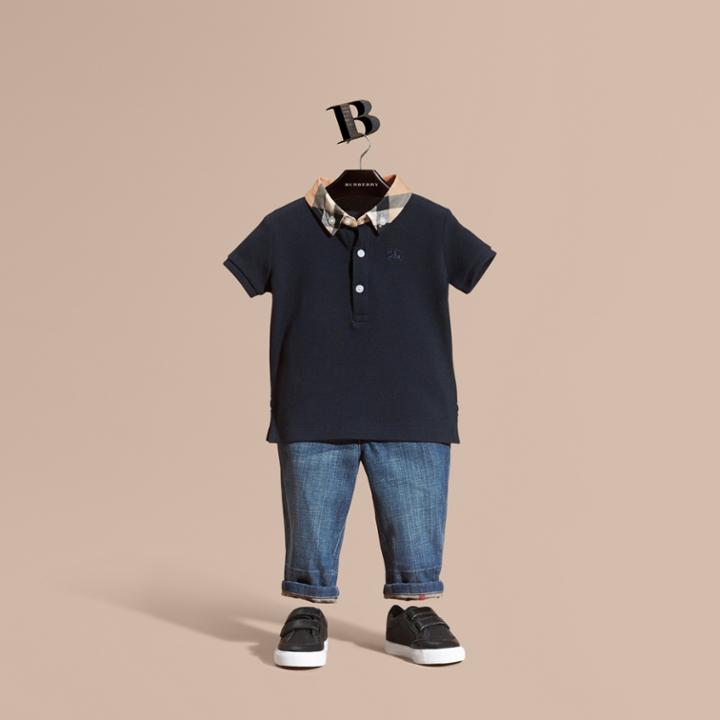 Burberry Burberry Check Collar Cotton Polo Shirt, Size: 18m, Blue