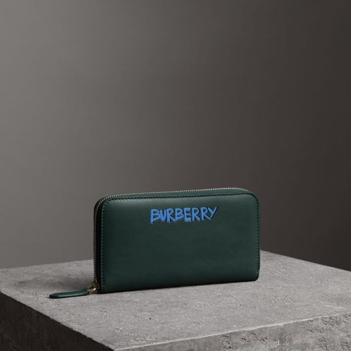 Burberry Burberry Graffiti Print Leather Ziparound Wallet, Green