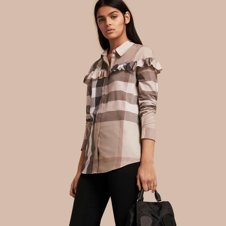 Burberry Burberry Check Cotton Frill Detail Shirt, Size: 04, Beige
