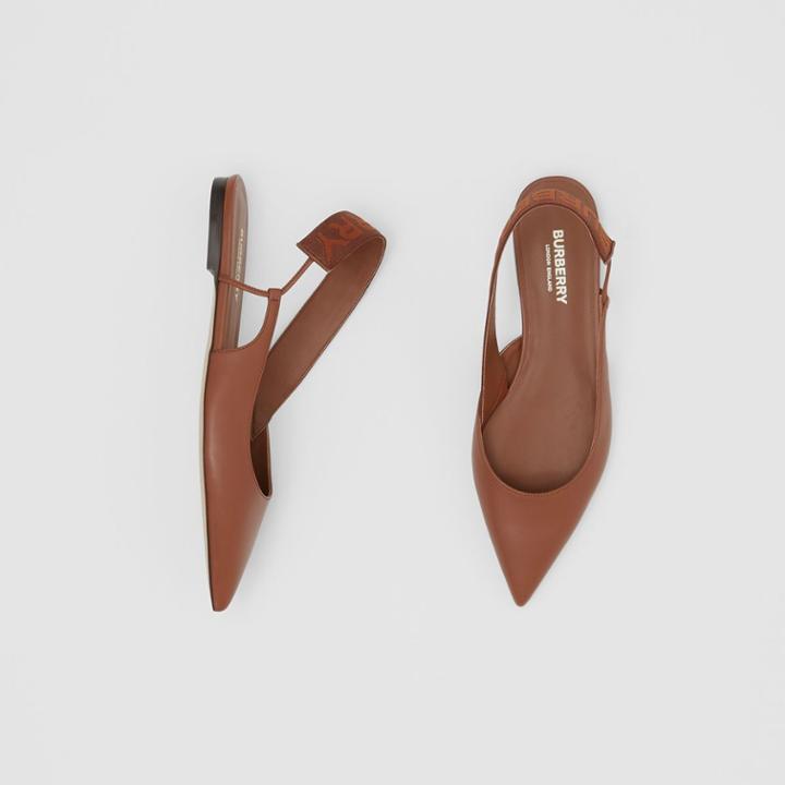 Burberry Burberry Logo Detail Leather Slingback Flats, Size: 38, Brown