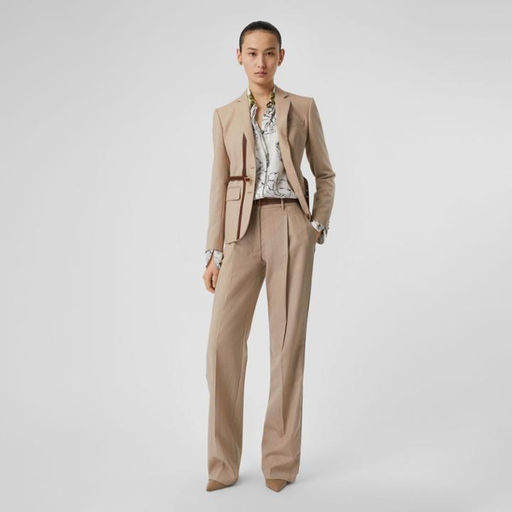 Burberry Burberry Leather Stripe Wool Tailored Trousers, Size: 00, Brown