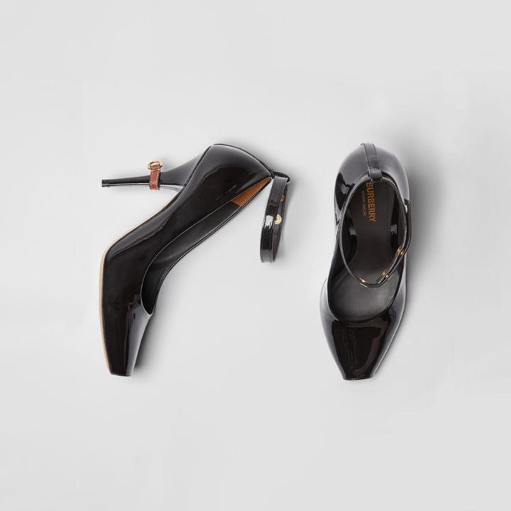 Burberry Burberry D-ring Detail Patent Leather Peep-toe Pumps, Size: 38.5, Brown