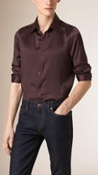 Burberry Slim Fit Long Point Collar Silk Shirt