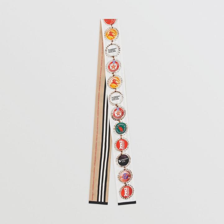 Burberry Burberry Bottle Cap And Icon Stripe Print Silk Skinny Scarf, White