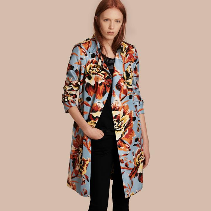 Burberry Burberry Peony Rose Print Silk Trench Coat, Size: 04, Orange