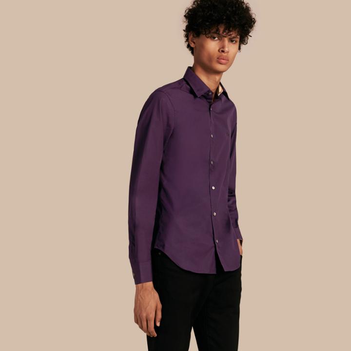 Burberry Burberry Check Detail Stretch Cotton Poplin Shirt, Purple