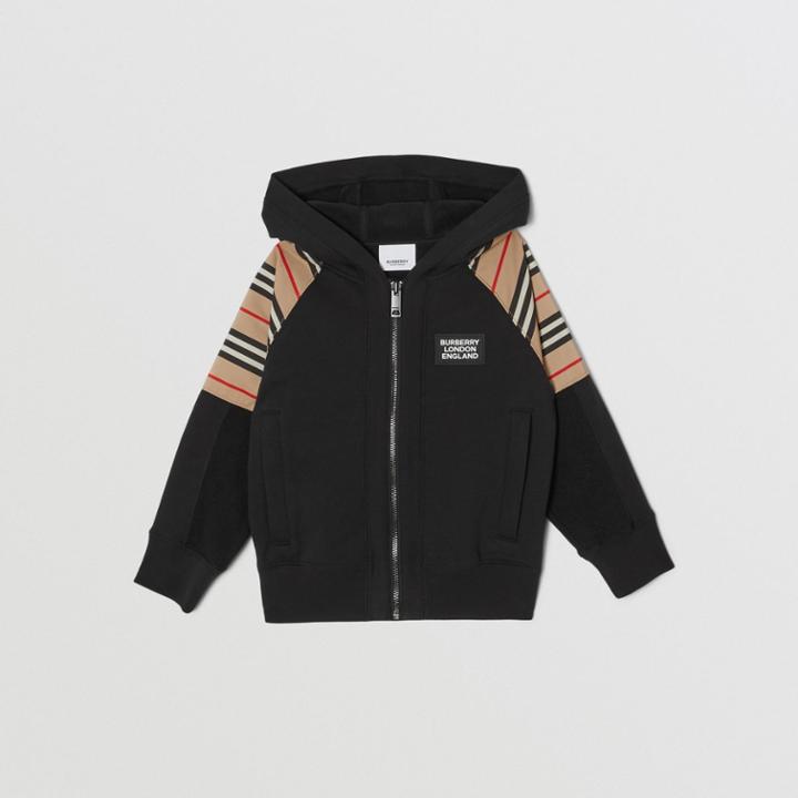 Burberry Burberry Childrens Icon Stripe Panel Cotton Hooded Top, Size: 10y, Black