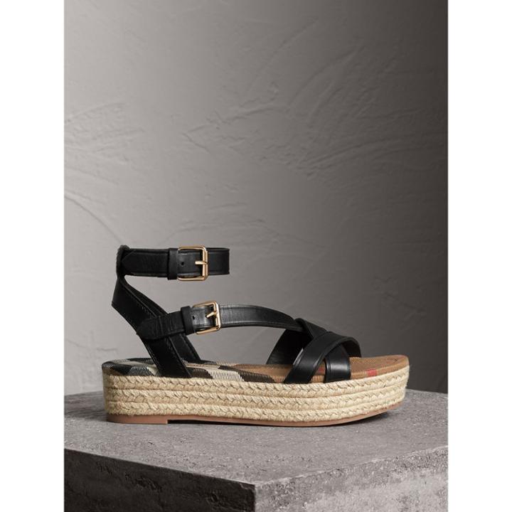 Burberry Burberry Leather And House Check Espadrille Sandals, Size: 37.5, Black
