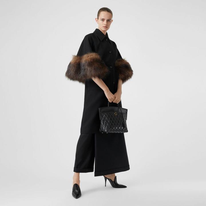 Burberry Burberry Faux Fur Trim Cape Detail Wool Blend Coat, Size: 02, Black
