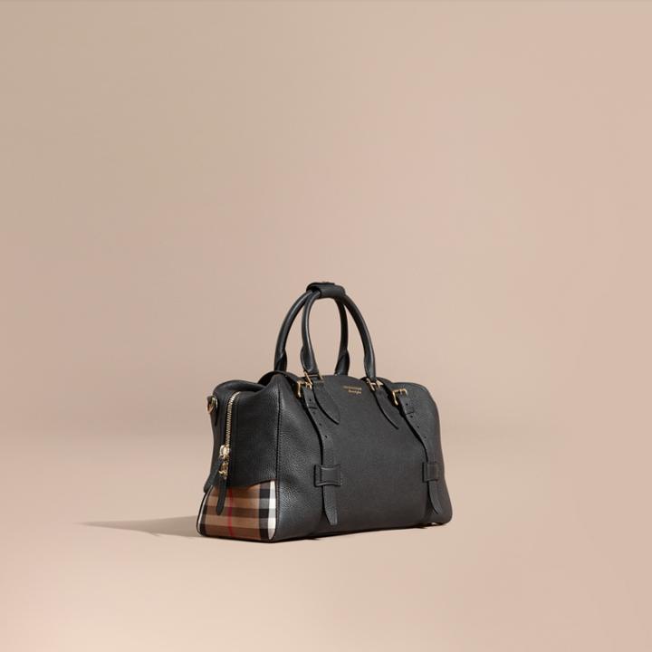 Burberry Burberry Leather Holdall With House Check Detail, Black