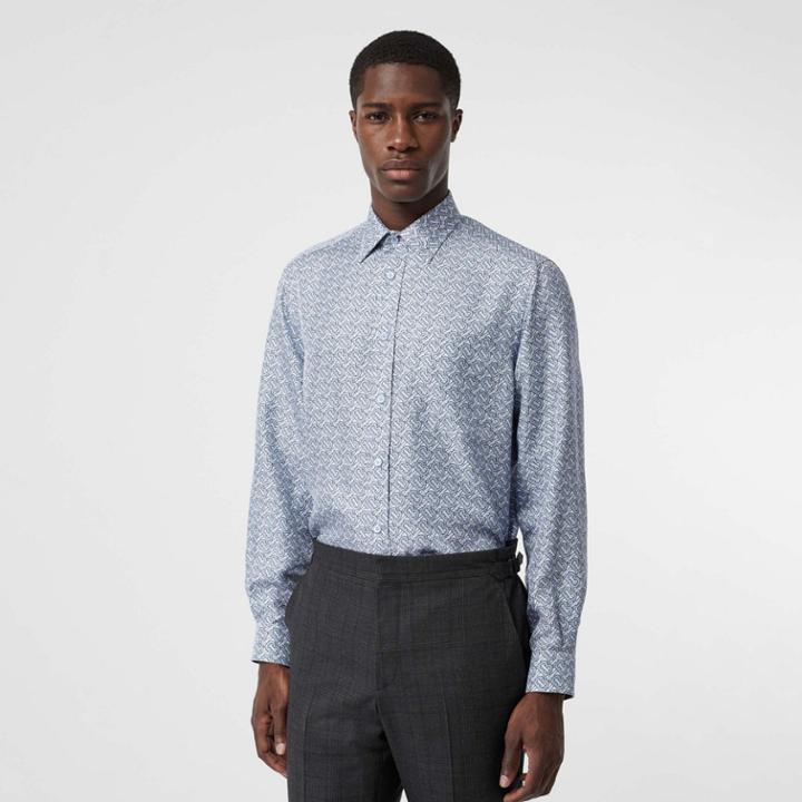 Burberry Burberry Classic Fit Monogram Print Silk Twill Shirt, Size: 26, Blue