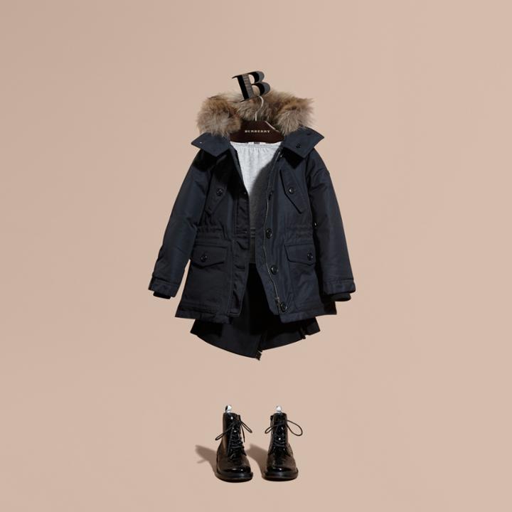 Burberry Burberry Showerproof Hooded Coat With Detachable Raccoon Trim, Size: 6y, Blue