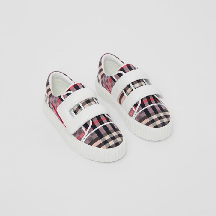 Burberry Burberry Childrens Chequerboard Stretch Cotton And Leather Sneakers, Size: 11
