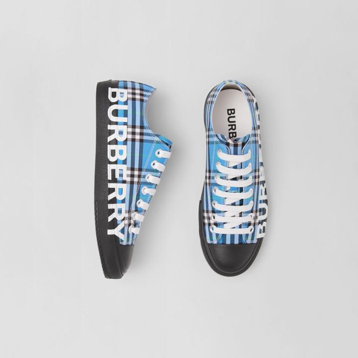 Burberry Burberry Logo Print Check Cotton Sneakers, Size: 38, Blue