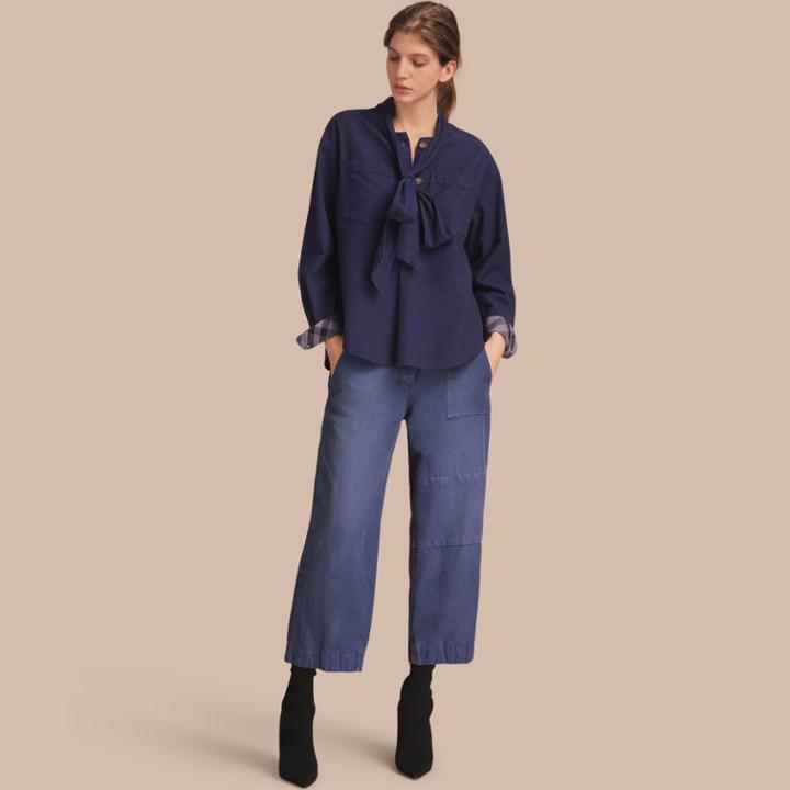 Burberry Burberry Neck Tie Cotton Chambray Shirt, Size: 06, Blue