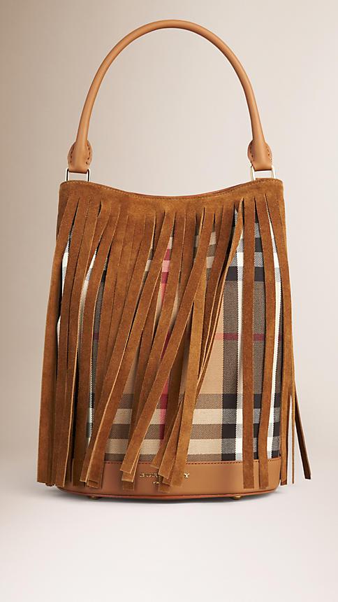 Burberry The Bucket Bag In House Check And Fringe
