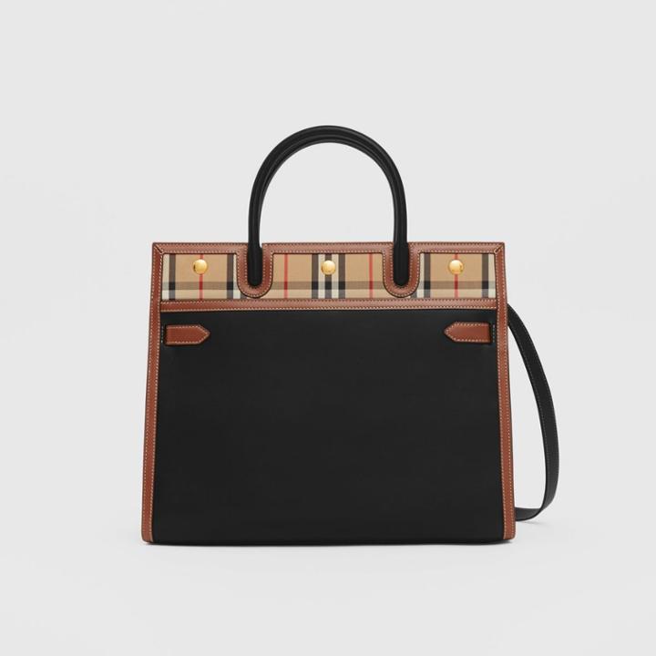 Burberry Burberry Medium Leather And Vintage Check Two-handle Title Bag, Black