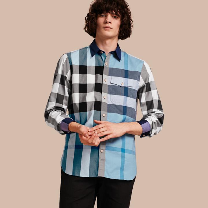 Burberry Burberry Check Cotton Poplin Shirt, Size: Xl, Blue