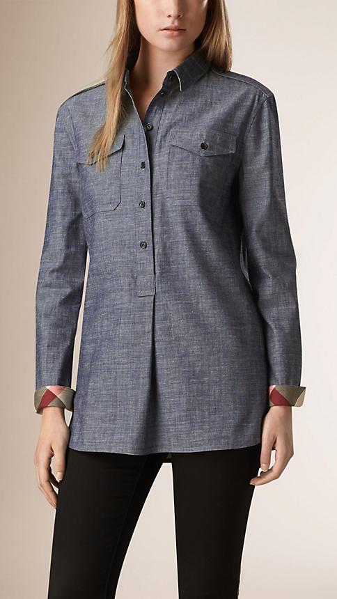 Burberry Brit Check Detail Cotton Chambray Tunic Shirt