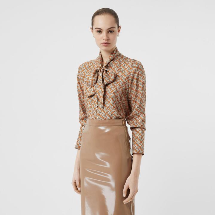 Burberry Burberry Monogram Print Silk Pussy-bow Blouse, Size: 00, Orange