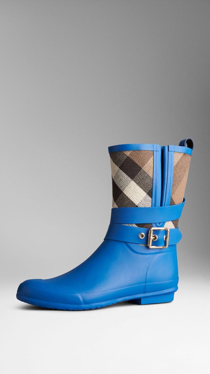 Burberry Burberry Check Detail Belted Rain Boots, Size: 40, Blue