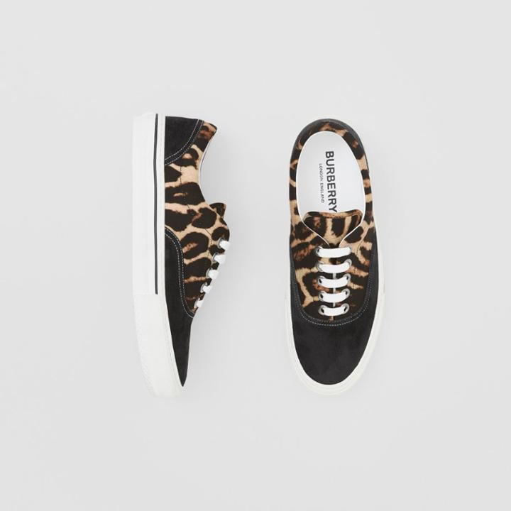 Burberry Burberry Leopard Print Nylon And Suede Sneakers, Size: 39, Black