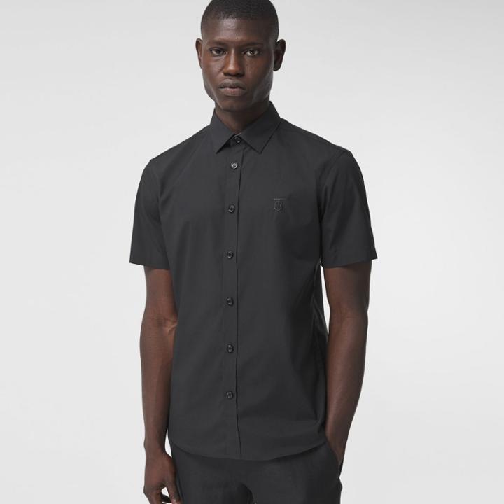 Burberry Burberry Short-sleeve Monogram Motif Stretch Cotton Shirt, Size: Xl, Black