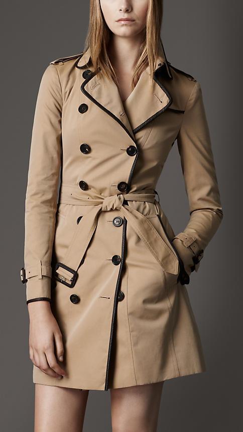 Burberry Long Cotton Gabardine Leather Trim Trench Coat