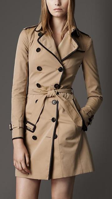 Burberry Long Cotton Gabardine Leather Trim Trench Coat