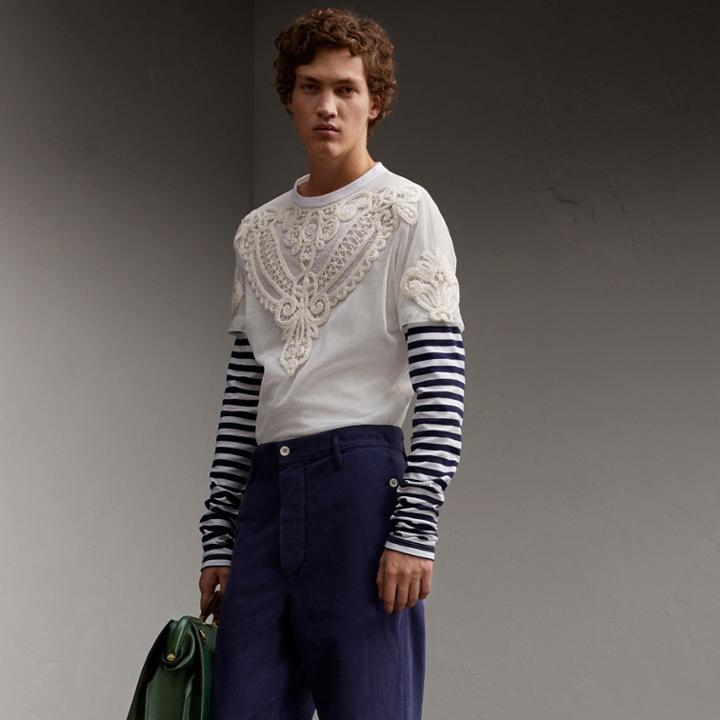 Burberry Burberry Breton Stripe-sleeve Lace Tulle Overlay Cotton Top, White