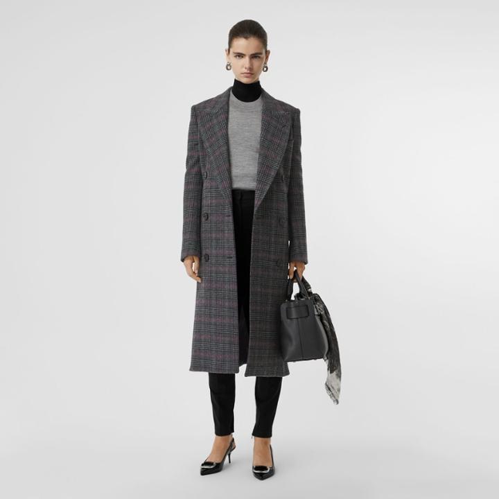 Burberry Burberry Prince Of Wales Check Wool Tailored Coat, Size: 06, Grey
