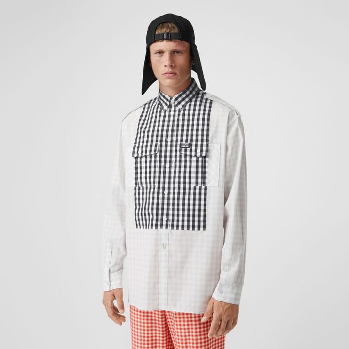 Burberry Burberry Contrast Bib Gingham Cotton Poplin Oversized Shirt, Grey