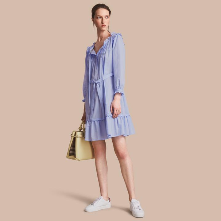 Burberry Burberry Ruffle And Pintuck Detail Cotton Dress, Size: 12, Blue