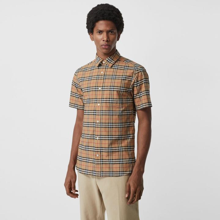 Burberry Burberry Short-sleeve Check Stretch Cotton Shirt, Size: M, Beige