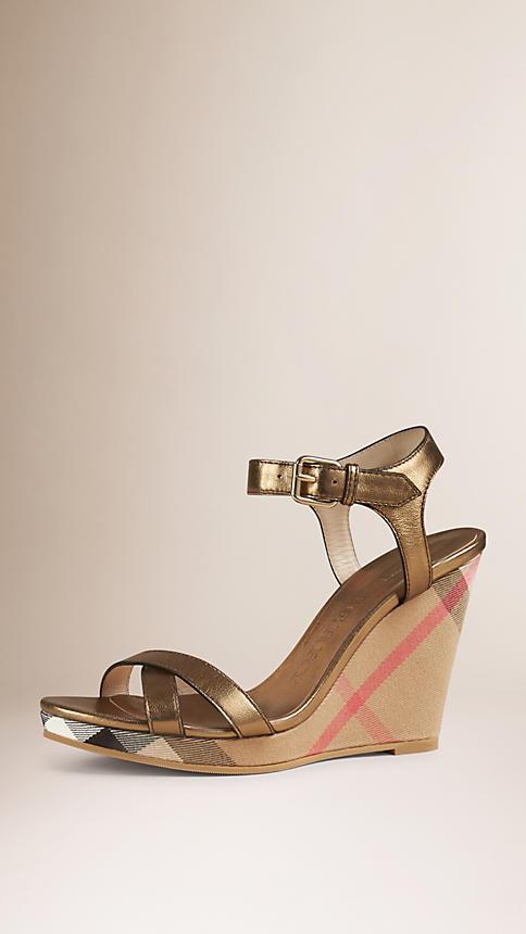 Burberry House Check And Metallic Leather Wedge Sandals