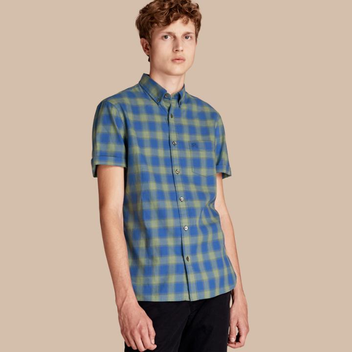 Burberry Burberry Short-sleeved Gingham Check Cotton Shirt, Green