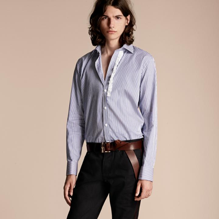 Burberry Burberry Ruffle Detail Striped Cotton Shirt, Size: 42, Blue