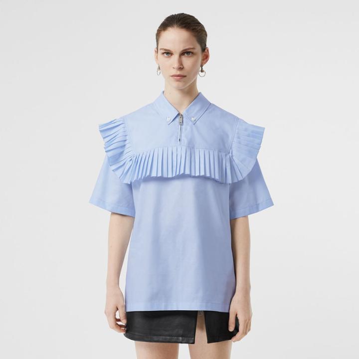 Burberry Burberry Short-sleeve Pleat Detail Cotton Shirt, Size: 00, Blue